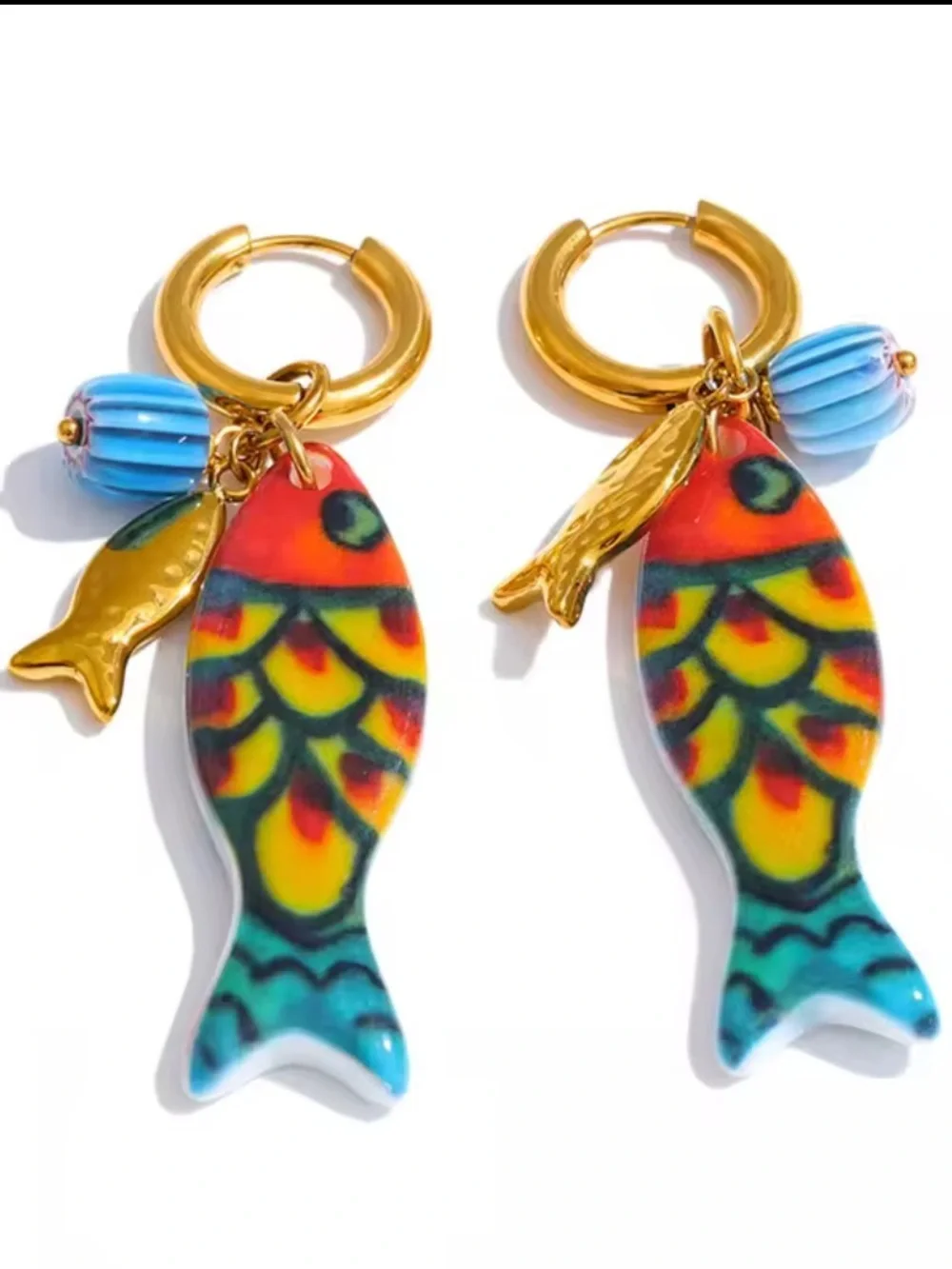 Amalfi Gold Fish Charm Blue Multicolor Ceramic Earrings